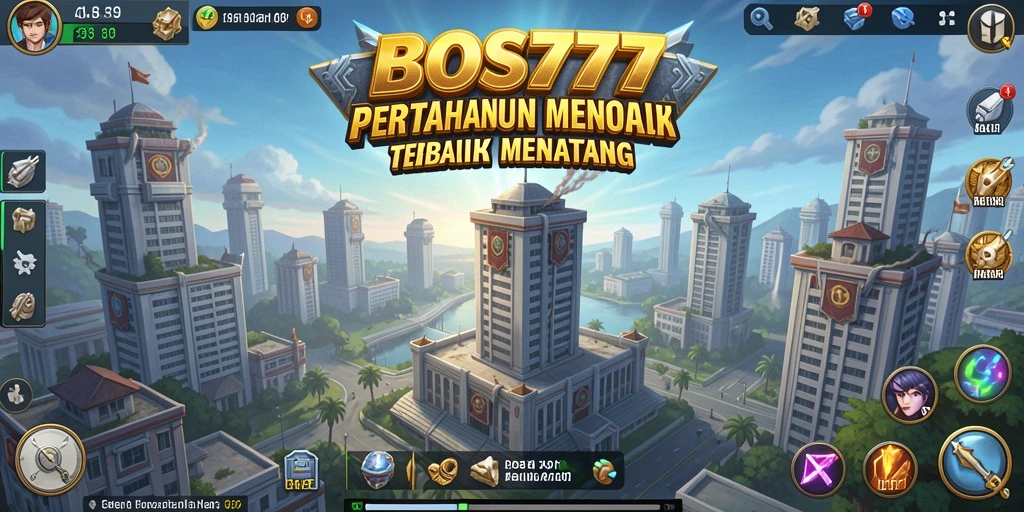 Screenshot gameplay BOS777 menampilkan pembangunan menara dan pertarungan melawan musuh.