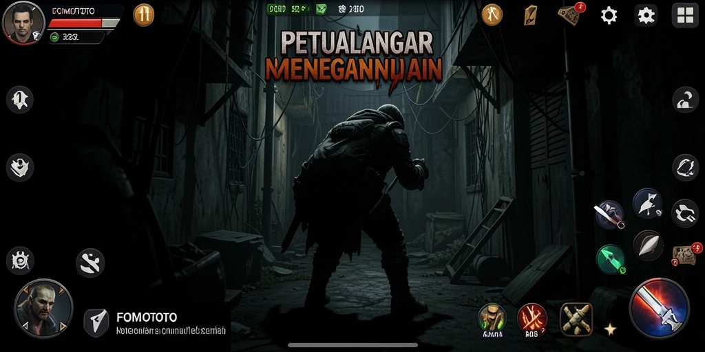 Screenshot gameplay FOMOTOTO yang menunjukkan suasana horor yang menegangkan.